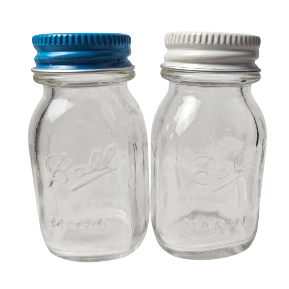 Ball Mason Jar Salt and Pepper Shakers Set Clear Glass Blue White Lids Vintage